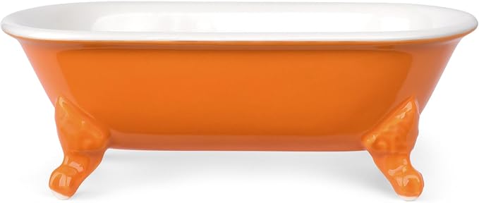 6.5" Ceramic Mini Decorative Clawfoot Bathtub Bar Soap Dish, Kitchen Sponge Holder and Shower Tray for Bathroom, 1 Pack(Tangerine)