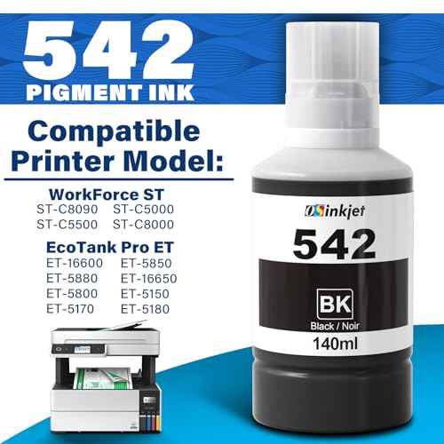 542 Black Ink Refill Bottles Compatible for Eco tank ET-5150 ET-5170 ET-5180 ET-5800 ET-5850 ET-5880 ET-16600 ET-16650, 542 Ink Ultra-high Capacity Bottle Black for Workforce ST-C5000 ST-C5500, 2BK