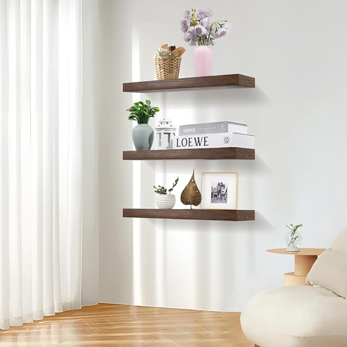 Wood Floating Shelves for Wall Set of 3, 22 Inch Rustic Floating Shelf Wall Mount, Solid Wooden Bathroom Floating Shelves for Kitchen, Bedroom, Living Room - Dark Walnut