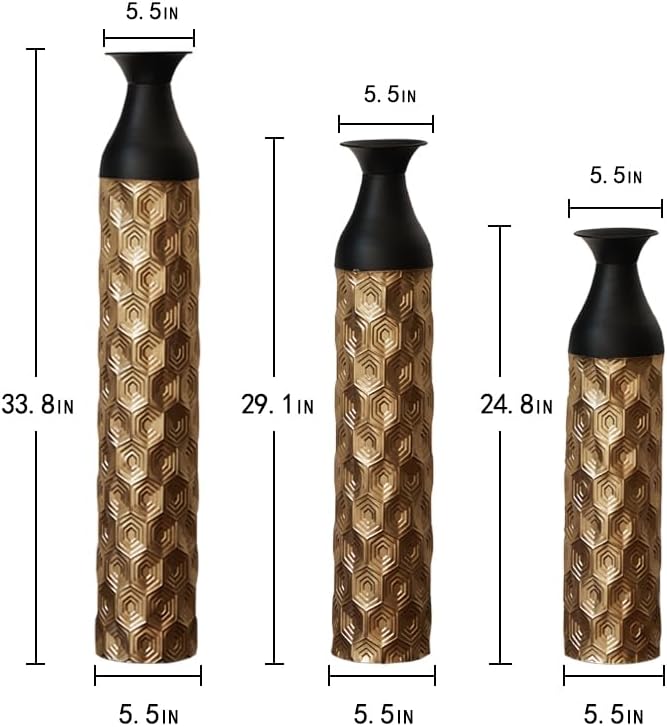 Metal Floor Vases Decorative, Set of 3 Flower Arrangement Stand, Metal Decorative Vase Tall Distressed Metallic Centerpiece Vases with 3D Triangle Pattern, 33.8", 29", 24.8" H (Black1＆Gold1)