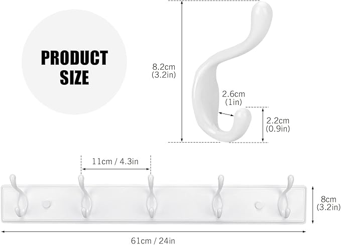 Wooden Coat Rack, Wall-Mounted Organizer for Closet, Entryway, Hallway, Foyer, Bedroom, Heavy Duty Double Hooks for Hanging Towels, Bags, Hats, Jackets, Key (White, 5 Hooks)