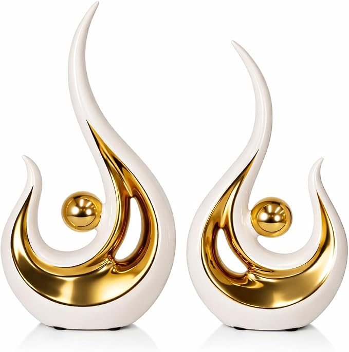 2Pcs Abstract Art Ceramic Statue, Modern White Gold Sculpture for Home Decor, Shelf Decorations Table Centerpiece for TV Stand, Console Table, Dining Room, Living Room, Office