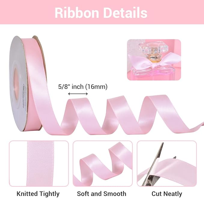 YAMA Light Pink Double Face Satin Ribbon 5/8 Inch 25 Yards Baby Pink Ribbon for Gift Package Wrapping,Floral Design,Hair Bow Clip Making,Crafting,Sewing,Wedding Decor