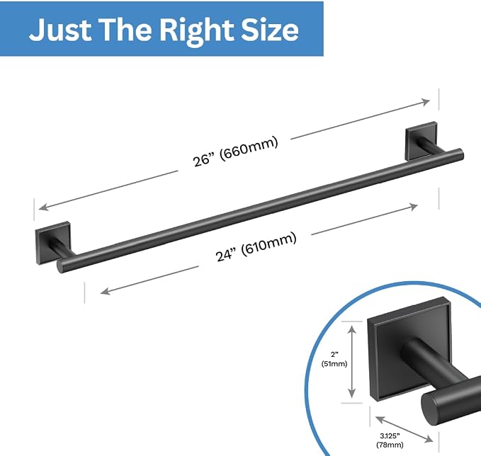Gatco 5610MX Mode Wall Mounted Towel Bar, 24-Inch Matte Black Bathroom Towel Holder, Modern Bath Towel Rack for Hand Towels, Bath Towels & Guest Bathroom Organization, Contemporary Bathroom Hardware