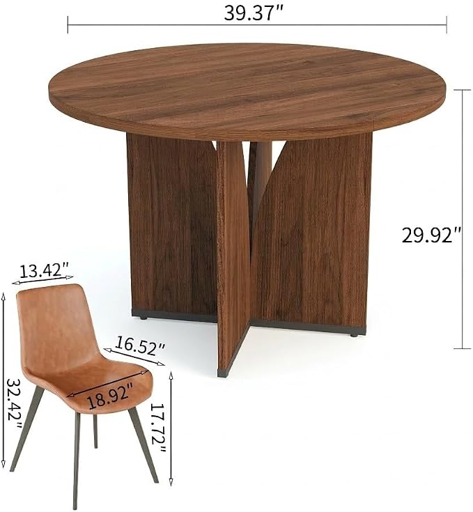 HIPIHOM Modern Round Dining Table Set for 2, 39.4" Walnut Kitchen Table with 2 PU Leather Chairs, 3-Piece Mid-Century Dining Room Set for Small Spaces, Pedestal Base & Ergonomic Padded Chairs