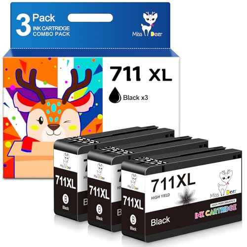 Miss Deer 711XL Black Ink Cartridge (CZ129A) for DesignJet T530, T525, T520, T130, T125, T120 & T100 Large Format Plotter Printers,38-ml,3 Pack