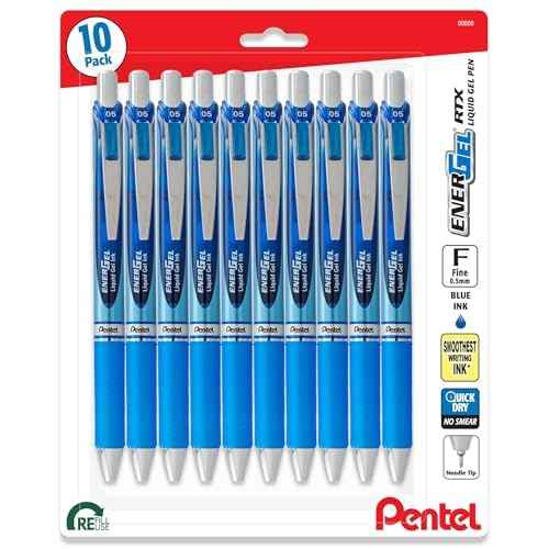Pentel Energel 0.5 mm Blue Needle Tip, Fine Point Pens - Pack of 10 Retractable Liquid Gel Ink Pens