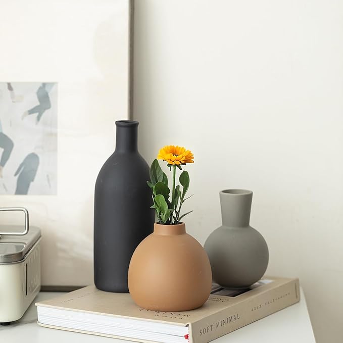 Modern Ceramic Vase Set of 3, Decorative Flower Vases for Home, Multicolor Pottery Vases for Living Room, Kitchen, Bedroom, Shelf, Rustic Farmhouse (Black Mix)