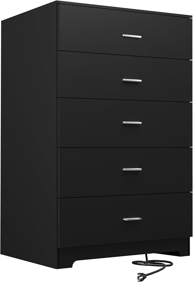 Dresser for Bedroom with Power Outlets Wood 5 Drawer Dresser with Large Storage Space Black Chest of Drawers with Smooth Metal Rail Tall Storage Organizer for Bedroom Living Room Closet