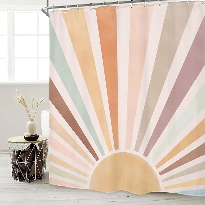 Miyotaa Pastel Sun Rainbow Retro Shower Curtain Set 60Wx71H Inches Minimalist Art Girls Abstract Colorful Aesthetic Vintage Polyester Waterproof Cloth Bathroom Curtain with 12 Hooks