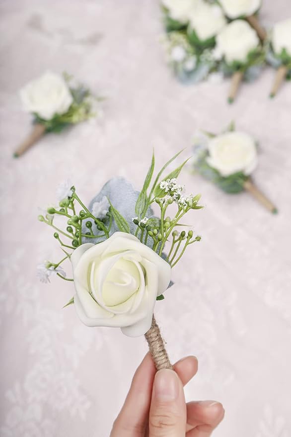 Rose Boutonnieres for Men Wedding Groom and Groomsmen White Boutonniere for Rustic Fall Vintage Wedding Prom Set of 10