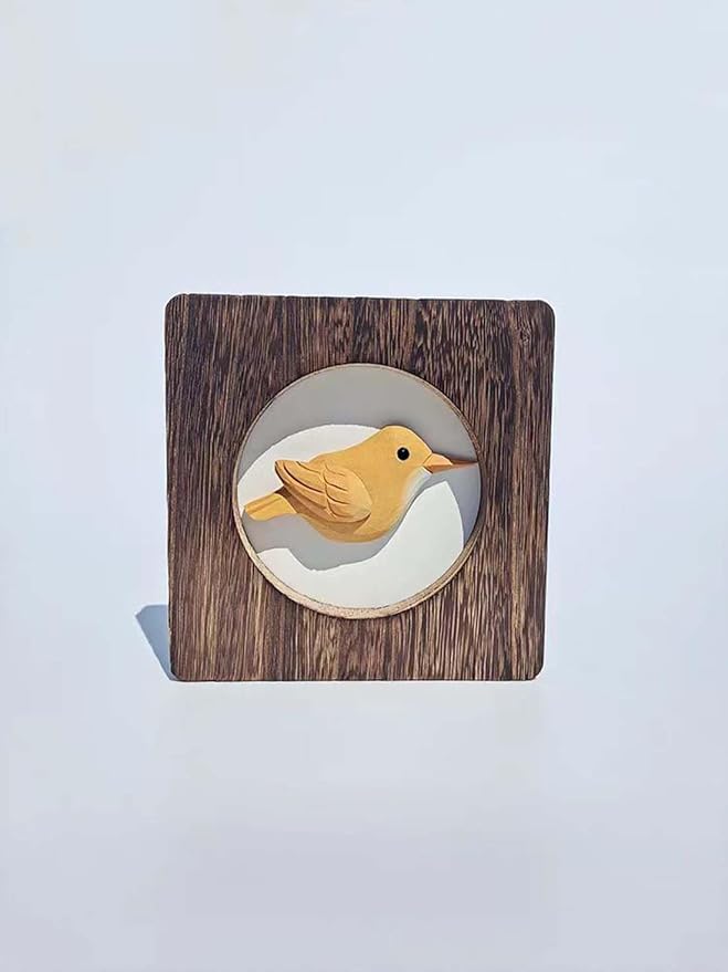 Wood Bird Sculpture with Frame, Cute Hand Carved Bird Wall Art Bird Wall Decor Wooden Wall Decor Desk Table Ornament Office Home Décor Bird Gift (Yellow)
