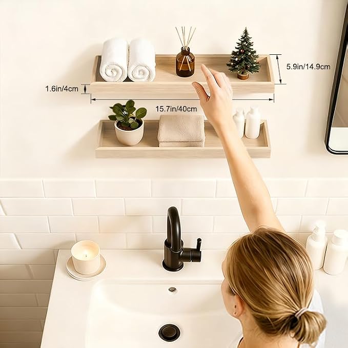 Oak Floating Shelves with Raised Lip, Wooden Wall Shelves for Bedroom Living Room Kitchen, Modern Bathroom Shelves for Wall, Decor Floating Shelves for Storage Display (Set of 2, 15.7 Inch)