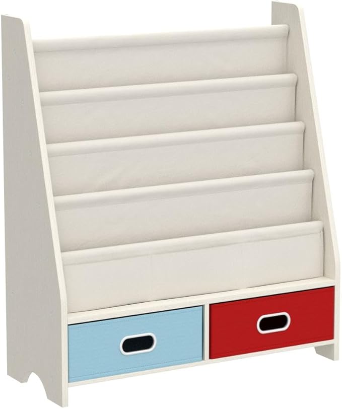 SEIRIONE Sturdy Kids Bookshelf, Children Display Rack, 4 Sling and 2 Storage Boxes for Toys Organizer, White/Wood Texture