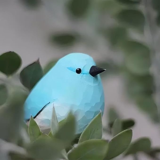 Handmade Wooden Blue Robin Figurine - 3.7" Hand-Carved & Painted Bird Statue - Solid Basswood Animal Sculpture for Home Office Decor, Holiday Ornaments & Memorial Gift for Bird Lovers