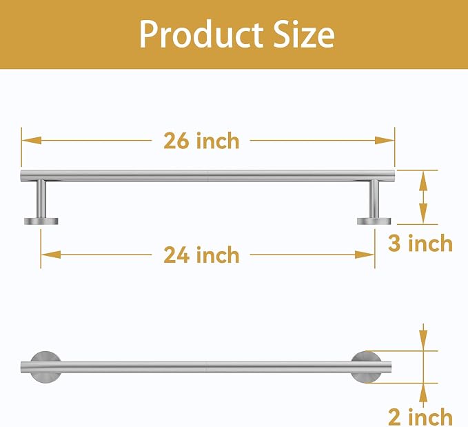 Brushed Nickel Towel Bar, 24 Inch Bathroom Towel Rack, Towel Holder Wall Mounted, Thicken SUS304 Stainless Steel Towel Rod Modern Home Decor (Total Length 26 Inch)