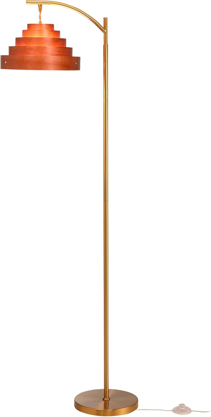 O’Bright Strata Wooden Floor Lamp - Mid Century Modern Standing Lamp with Layered Wood Shade, Tall Reading Lamp for Living Room, Bedroom, Office, Antique Brass, Dark Oak, Cascade Shade