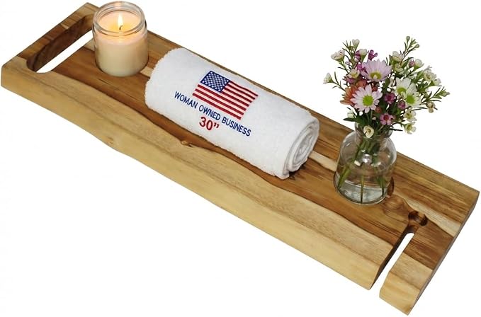 EcoDecors Eleganto 30" Live Edge Solid Teak Bath Caddy Tray with Handle, Book & Tablet Holder, Wine Glass Holders, Luxury Bathtub Tray