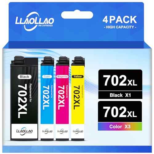 LLAOLLAO 702XL 702 Ink Cartridges Combo Pack Remanufactured Replacement for 702xl Ink Cartridges for Printer WF-3720 WF-3730 WF-3733 (1 Black 1 Cyan 1 Magenta 1 Yellow, 4 Pack)