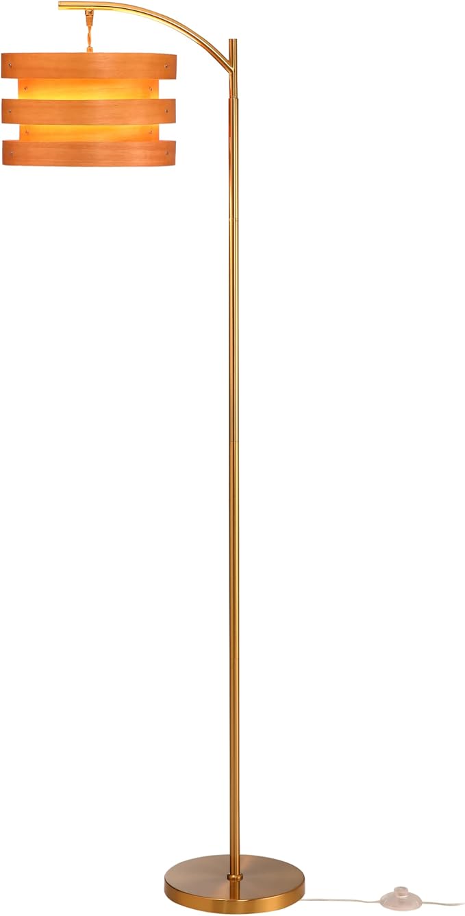 O’Bright Strata Wooden Floor Lamp - Mid Century Modern Standing Lamp with Layered Wood Shade, Tall Reading Lamp for Living Room, Bedroom, Office, Antique Brass, Light Oak, Horizon Shade