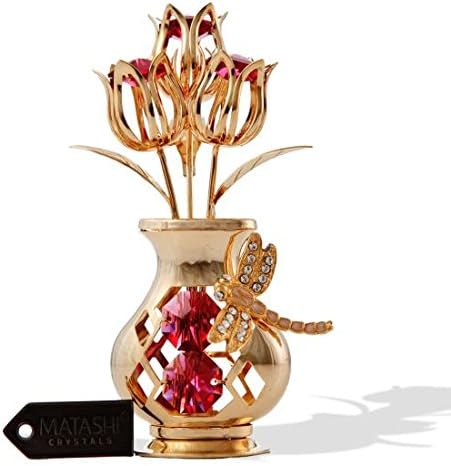 Matashi 24K Gold Plated Crystal Studded Flower Ornament in Vase with Decorative Dragonfly - Elegant Tabletop Ornament - Perfect Valentine's Day Gift for Her, Wife, Mom, Birthday, Home or Office Décor