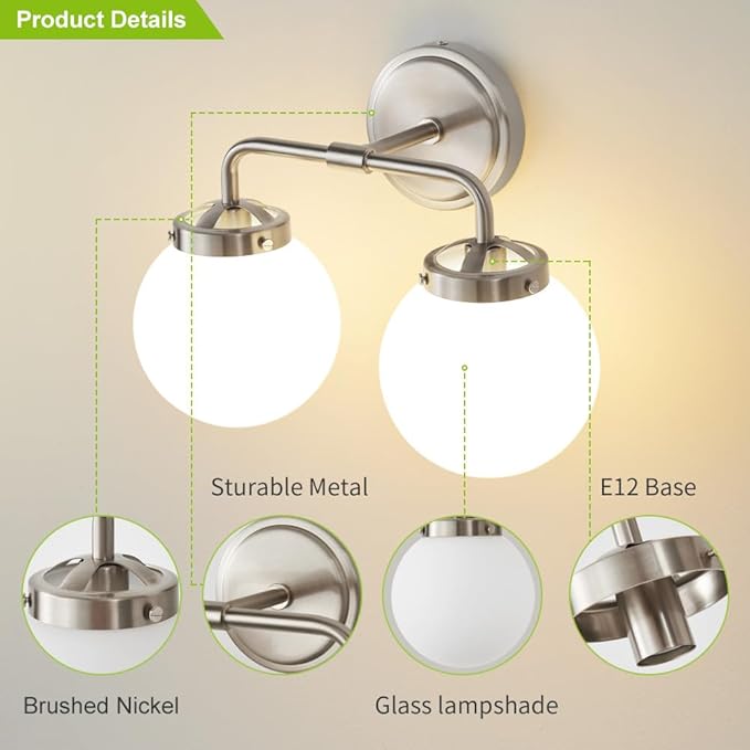 Bathroom Light Fixtures Over Mirror, Brushed Nickel Modern Vanity Lighting with Milk White Glass Globe Shades 2-Light Farmhouse Wall Sconce