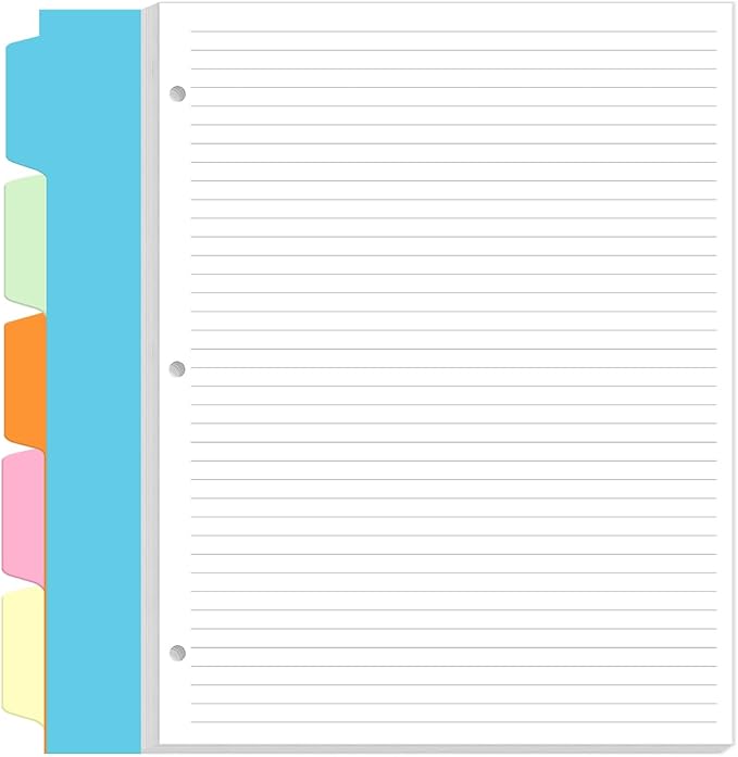 3 Hole Lined Paper for A4 Binder - 50 Sheets/100 Pages Loose Leaf Paper Line Refills, 5 Sheets Dividers, 8.5" x 11"