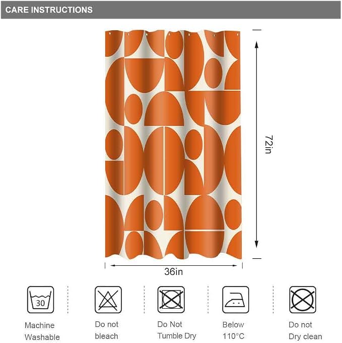 Vintage Orange Mid Century Modern Shower Curtain Boho Abstract Geometric Art Shower Curtains for Bathroom Decor 36x72 Inch 70s 80s Retro Washable Fabric Bathroom Set with 6 Hooks