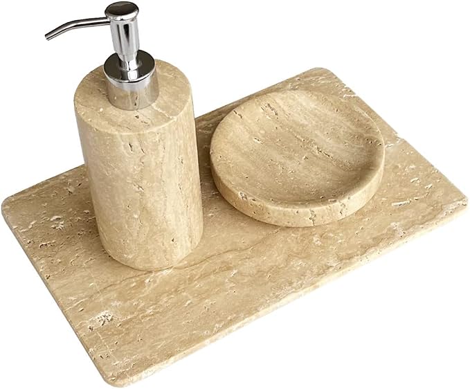 Natural Beige Travertine Refillable Bathroom Liquid Dispenser, Lotions Soap Container (Beige Travertine) (Beige Travertine)