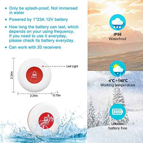 CallToU Caregiver Pager Call Button Elderly Wireless Call Button Vibration Pager Nurse Calling Alert System for Home Elderly Disabled Patient 2 Transmitters 1 Plug-in Receiver