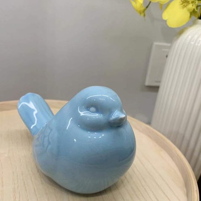 KiaoTime New Blue Glazed Ceramic Bird Figurine, Bird Statue, French Country Garden Cottage Bird Ornaments, Home Decor Accents Collectible Bird Figurine