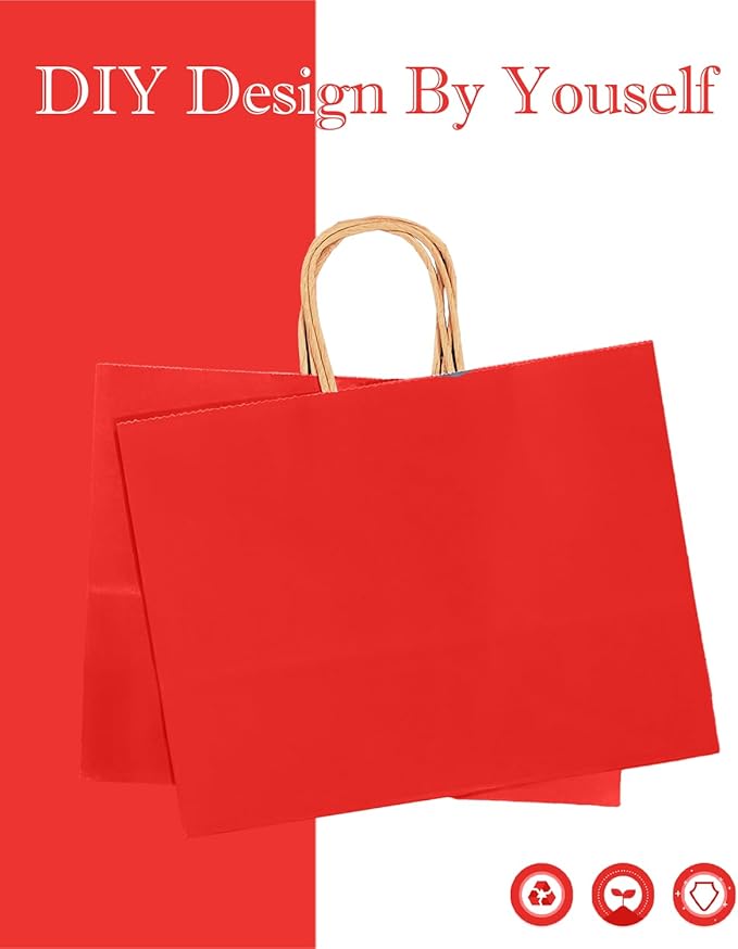 qiqee 13"x4.5"x10" Large Gift Bag with Handles Bulk 32PCS Gift Paper Bags Wine Red Bags Multiple Uses (Wide Large)
