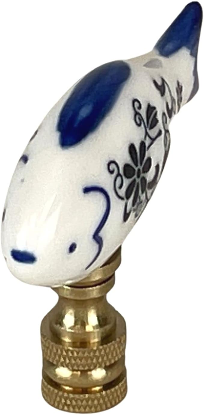 Royal Designs, Inc. Porcelain Fish Finial for Lamp Shade, Polished Brass, Blue & White, Pack of 2