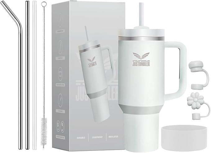 40 Oz Insulated Tumbler with Handle and Straw, Stainless Steel Coffee Travel Mug with Lid, Leak Proof Water Bottle with Accessories, Frost