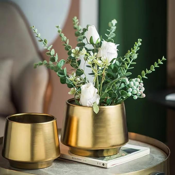 Gold Indoor Plant Pot 7 Inch Large Ceramic Planter With Drainage Hole - Modern Brass Flower Pot Centerpiece Vase - Decorative Greenery Potted for Indoor Plants