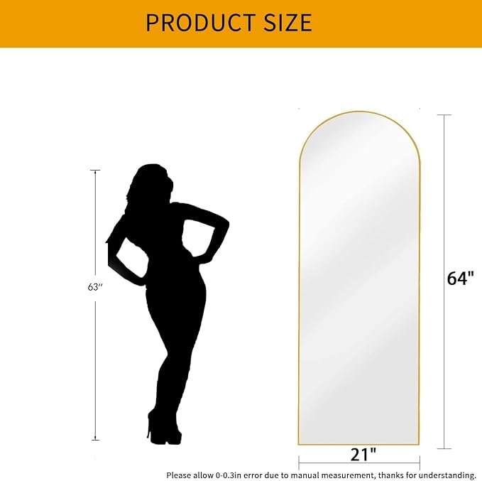 Dewfig Arched Full Length Mirror, 64"X21" Large Floor Mirror, Full Body Mirrors for Leaning or Hanging, Standing Mirrors for Bedroom, Living Room,Dressing Room, Aluminum Alloy Frame, Gold