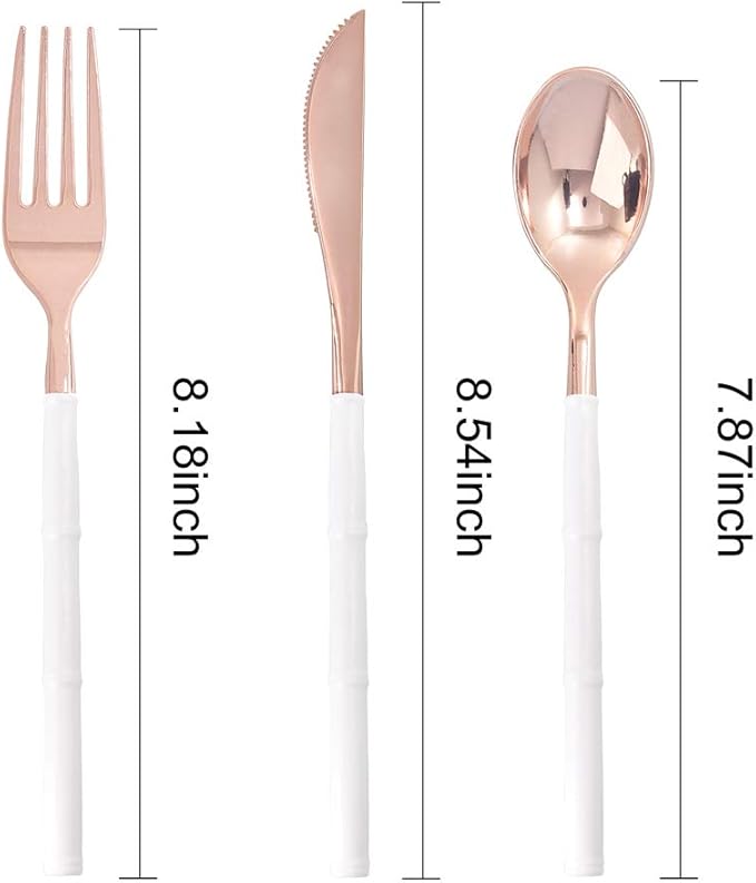 WDF 90Pieces Rose Gold Plastic Silverware - Rose Gold Plastic Cutlery with White Handle- Heavy Duty Disposable Silverware Include 30Forks, 30 Spoons, 30 Knives for Wedding, Party