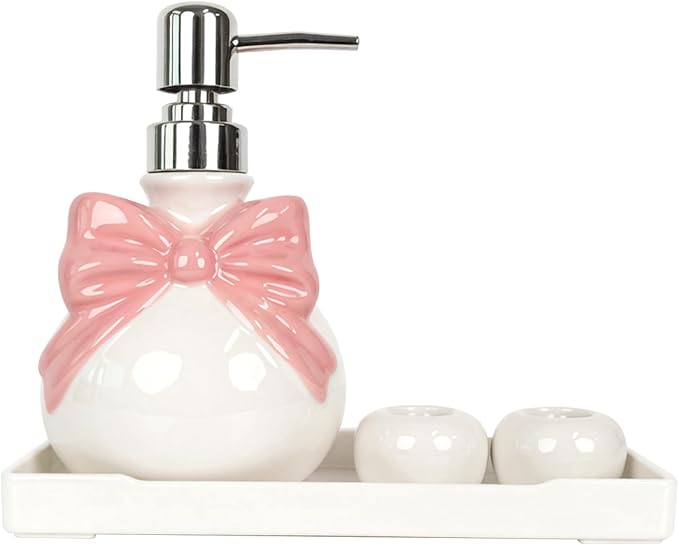 Pink Bathroom Accessories Ceramic Pink Bow Bathroom Set for Bathroom Vanity - Includes Tray, Soap Pump, Toothbrush Holder