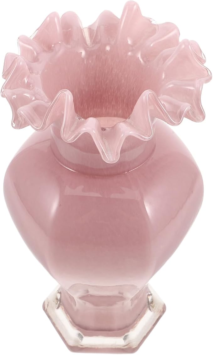 Pearlescent Handblown Glass Vase Wide Mouth Wavy Pattern Artistic Flower Pot Tabletop Glass Bud Vase for Home Dining Living Office Entryway Kitchen Pink Centerpiece Decor
