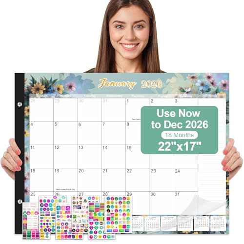 Gannyfer Desk Calendar 2026, Large Desk Calendar 2025-2026 22"x17", 18 Months 2026 Calendar with Plastic Cover, Calendar 2026 for Planning and Organization at Home, School, or Office-State Floral (6 Stickers)
