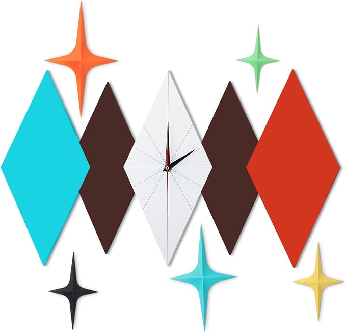 Thyle 25 inch Mid Century Modern Wall Clock Decor with 5 Pcs Retro 3D Star Art Wall Sculpture Starburst Clock Art Vintage Home Decor Accent for Living Room Bedroom Office (Geometric)
