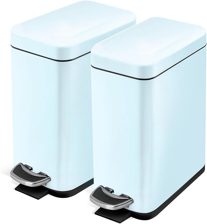 Home Zone Living 2-Pack 1.3 Gallon Small Powder Blue Bathroom Trash Can with Lid and Step Pedal, Stainless Steel Wastebasket with Slim Design for Home and Office, 5 Liters