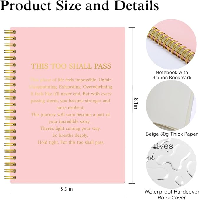 XQLZY This too Shall Pass Inspirational Pink Spiral Notebook - 160 Blank Pages Journal, Encouragement Gifts for Sisters BFF, Friendship Gifts Between Women, Sympathy Gifts for Coworkers Friends