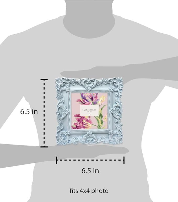 Laura Ashley 4x4 Ornate Textured Hand-Crafted Resin Picture Frame with Easel & Hook for Tabletop & Wall Display, Decorative Floral Design Home Décor, Photo Gallery, Art, More (4x4 Powder Blue)