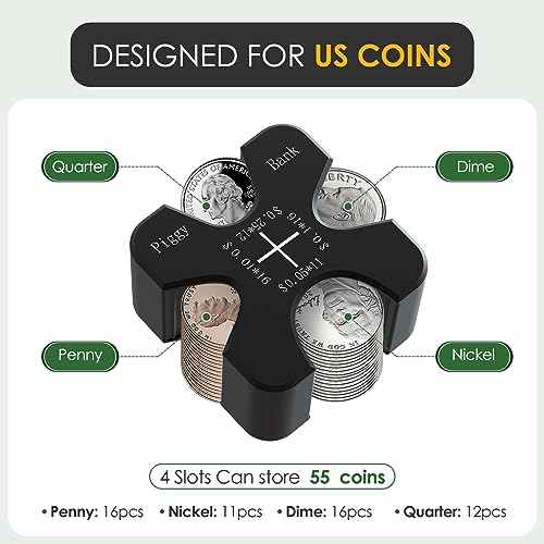 Vcertcpl Car Coin Holder - Silicone Change Organizer for 55 Coins, Portable Storage for Penny, Nickel, Dime and Quarter (Black)