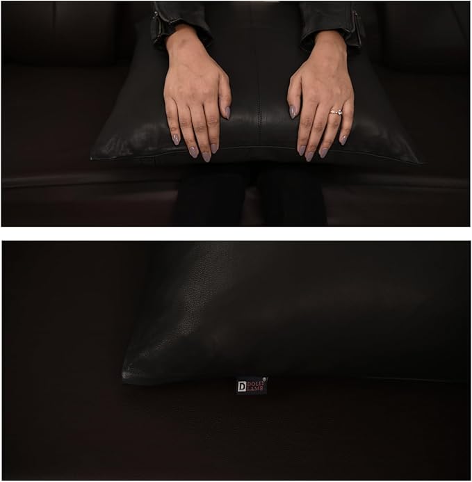 D DOLLY LAMB Lambskin Leather Pillow Cover - Sofa Cushion Case - Decorative Throw Covers for Living Room & Bedroom, 16x16 Inches - Black (02) Pack of 2