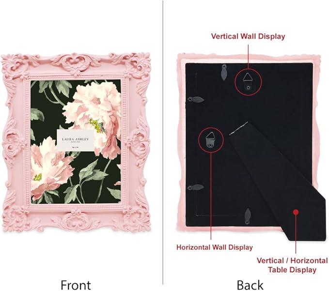 Laura Ashley 5x7 Pink Ornate Textured Hand-Crafted Resin Picture Frame with Easel & Hook for Tabletop & Wall Display, Decorative Floral Design Home Décor, Photo Gallery, Art, More (5x7, Pink)