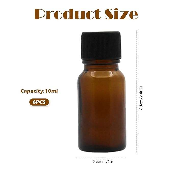 6Pcs Amber Glass Essential Oil Bottles with Orifice Reducer and Black Cap Empty Cosmetic Perfume Aromatherapy Storage Container Vial Pots Portable Refillable size 10ml/0.33oz