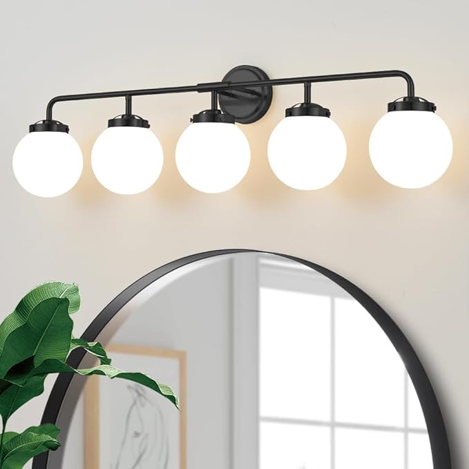 Bathroom Light Fixtures Over Mirror, 5-Light Matte Black Vanity Lighting with Milk White Glass Globe Shades Modern Wall Sconce