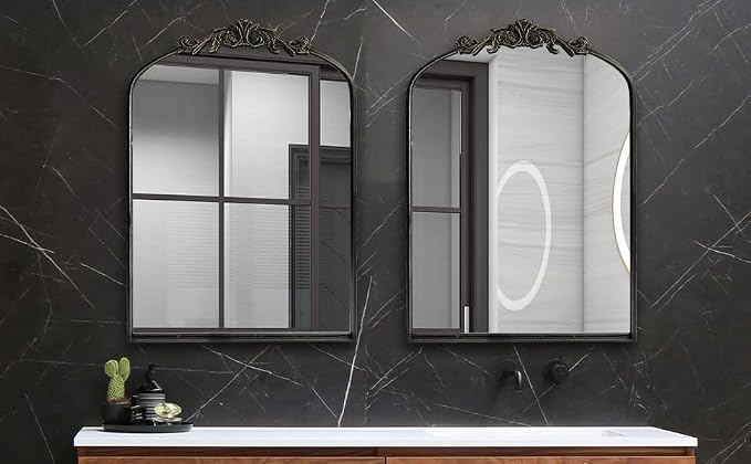 OUSHUAI Black Ornate Mirror for Wall, Traditional Vintage Ornate Baroque Mirrors,Victorian Antique Bronze Full Matel Frame,Arched Mirror for Entryway/Bathroom/Fireplace 24"X36"